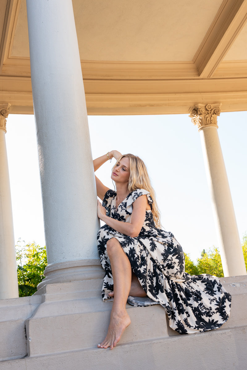 Ruffle Sleeve Back Tie Floral Print Maxi Dress Black