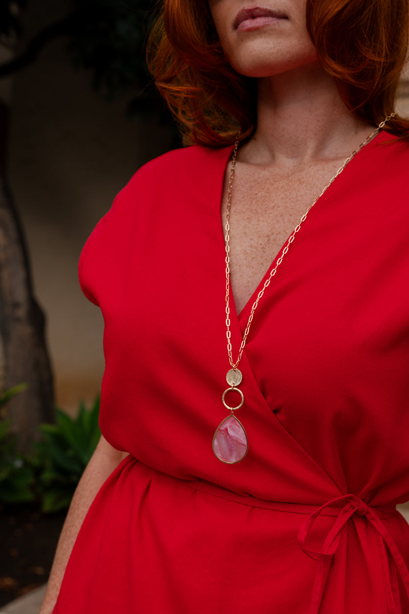 Delicate Long Chain Resin Teardrop Long Pendant Necklace Pink