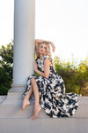 Ruffle Sleeve Back Tie Floral Print Maxi Dress Black