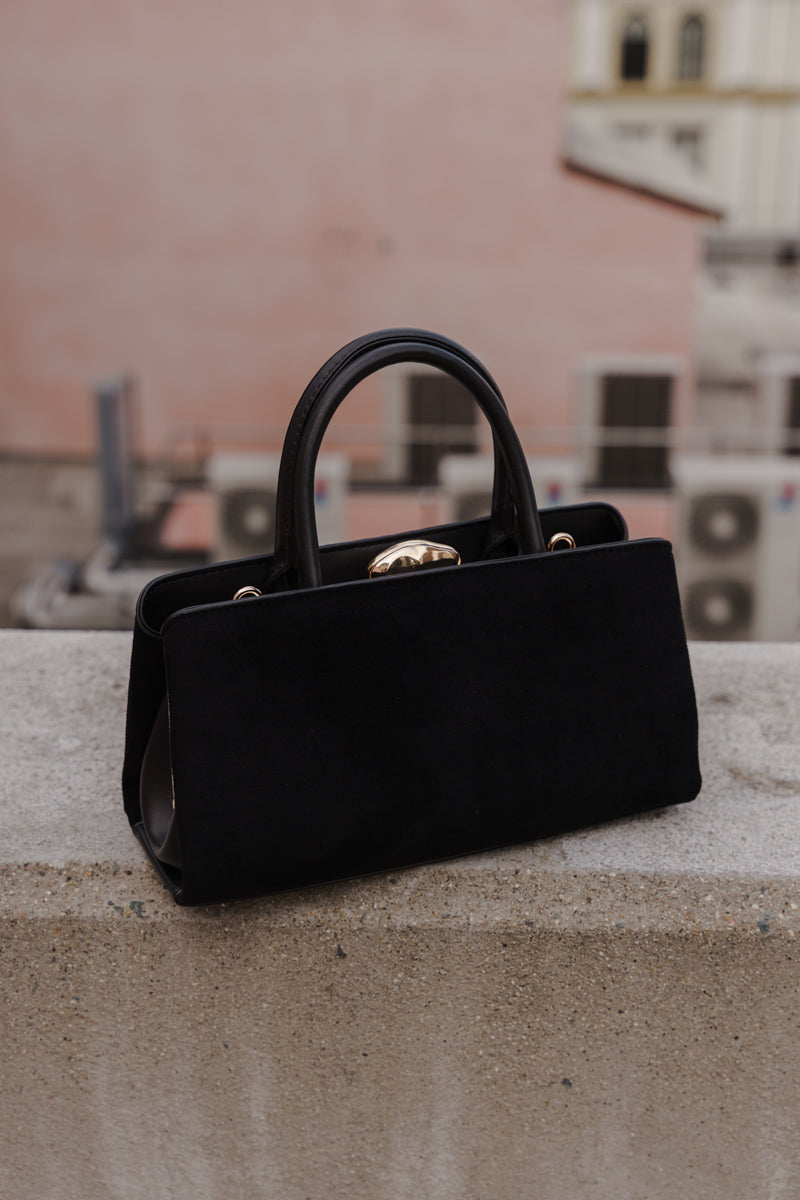 Top Handle Faux Suede Handbag Black