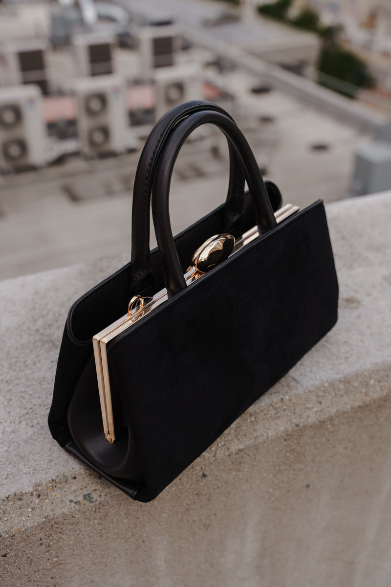 Top Handle Faux Suede Handbag Black