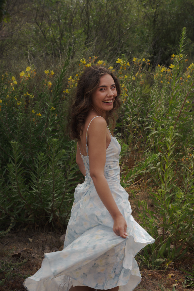 Sleeveless Floral Print Midi Dress Blue