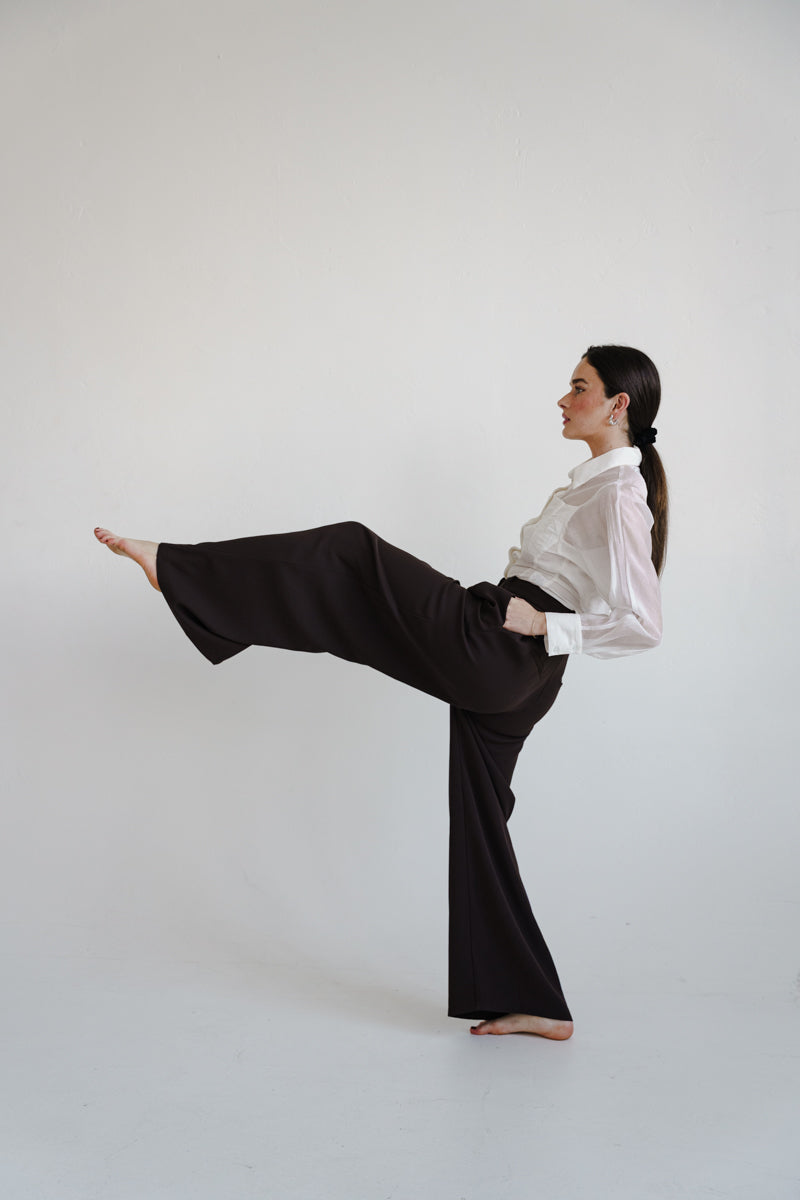 High Waist Pleated Wide Leg Pants Dark Brown