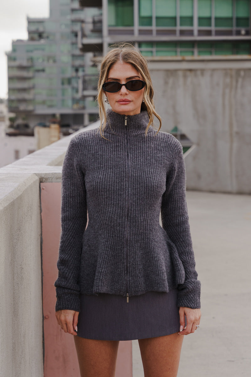 Long Sleeve Zip Up Peplum Knit Cardigan Charcoal