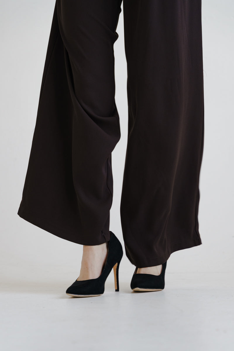 High Waist Pleated Wide Leg Pants Dark Brown