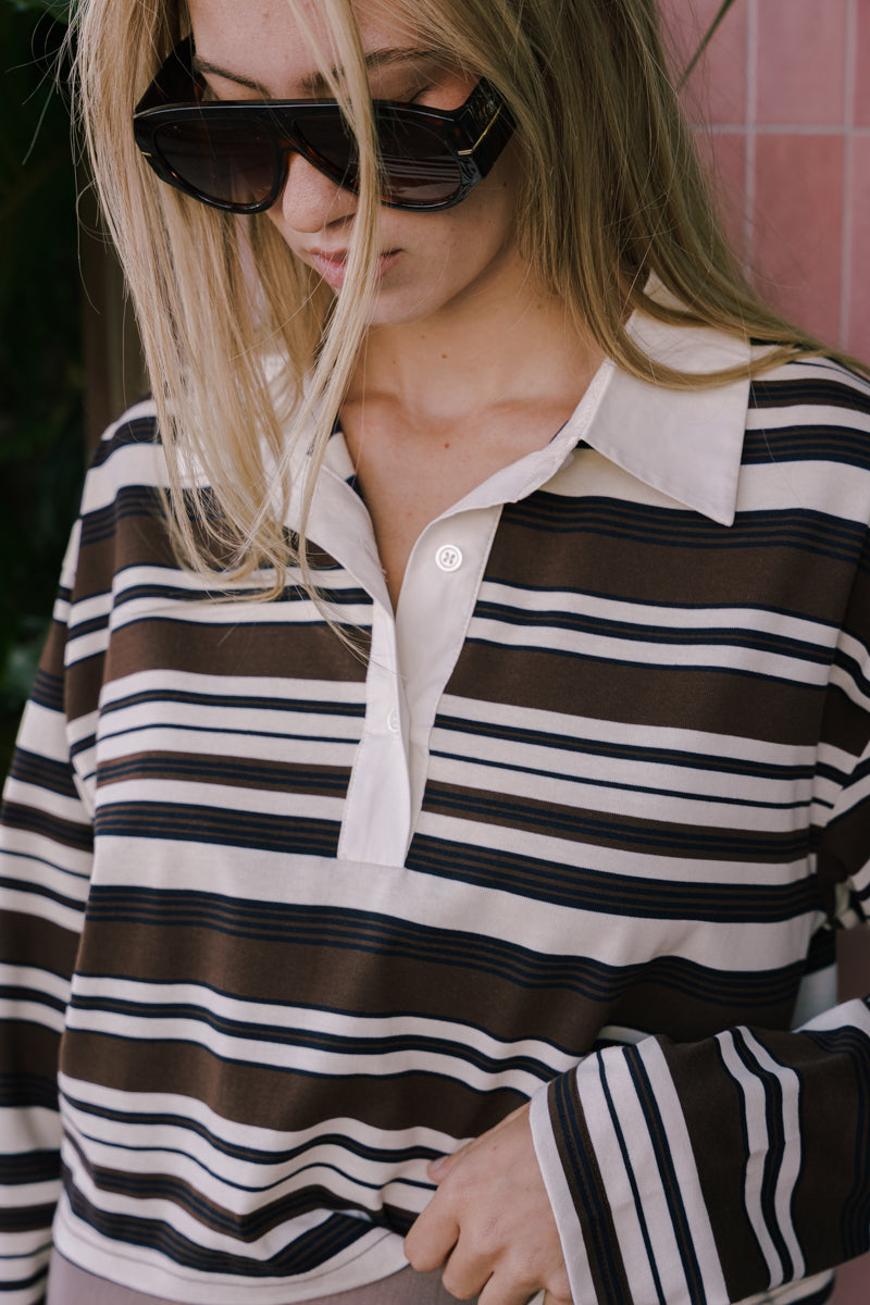 Long Sleeve Stripe Print Top Brown
