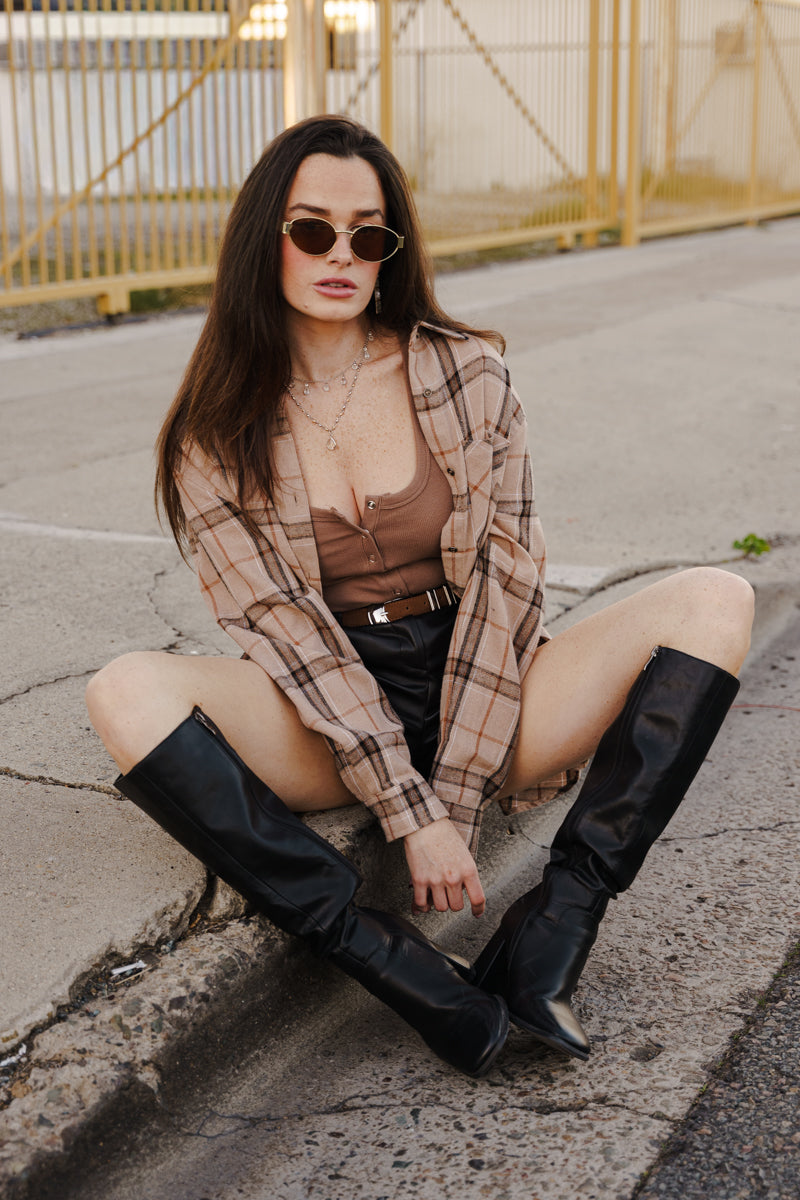 Long Sleeve Oversized Button Down Plaid Print Top Brown