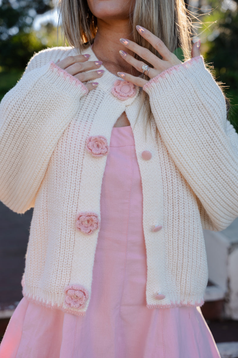 Long Sleeve Rose Button Down Knit Cardigan Ivory