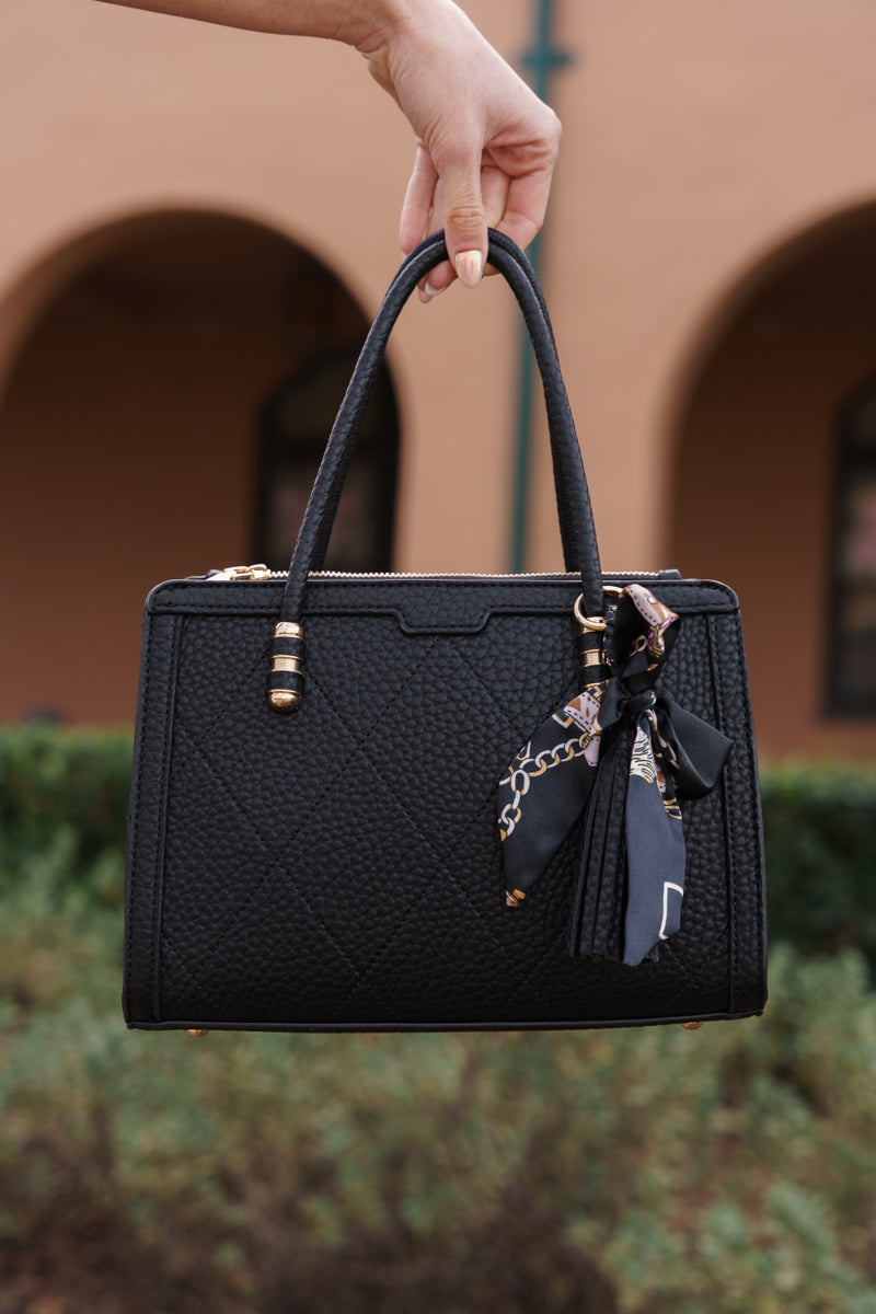 Top Handle Faux Leather Quilted Diamond Pattern Handbag Black