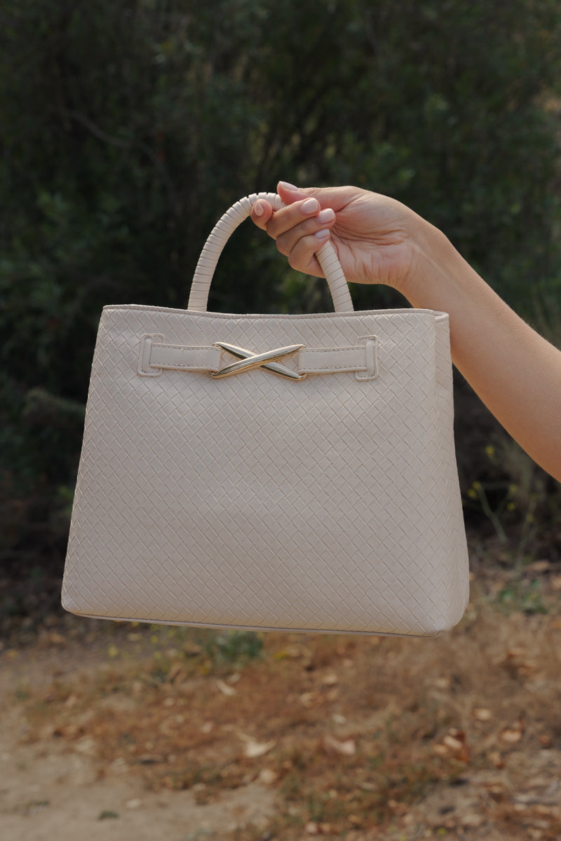 Top Handle Faux Leather Woven Handbag Cream