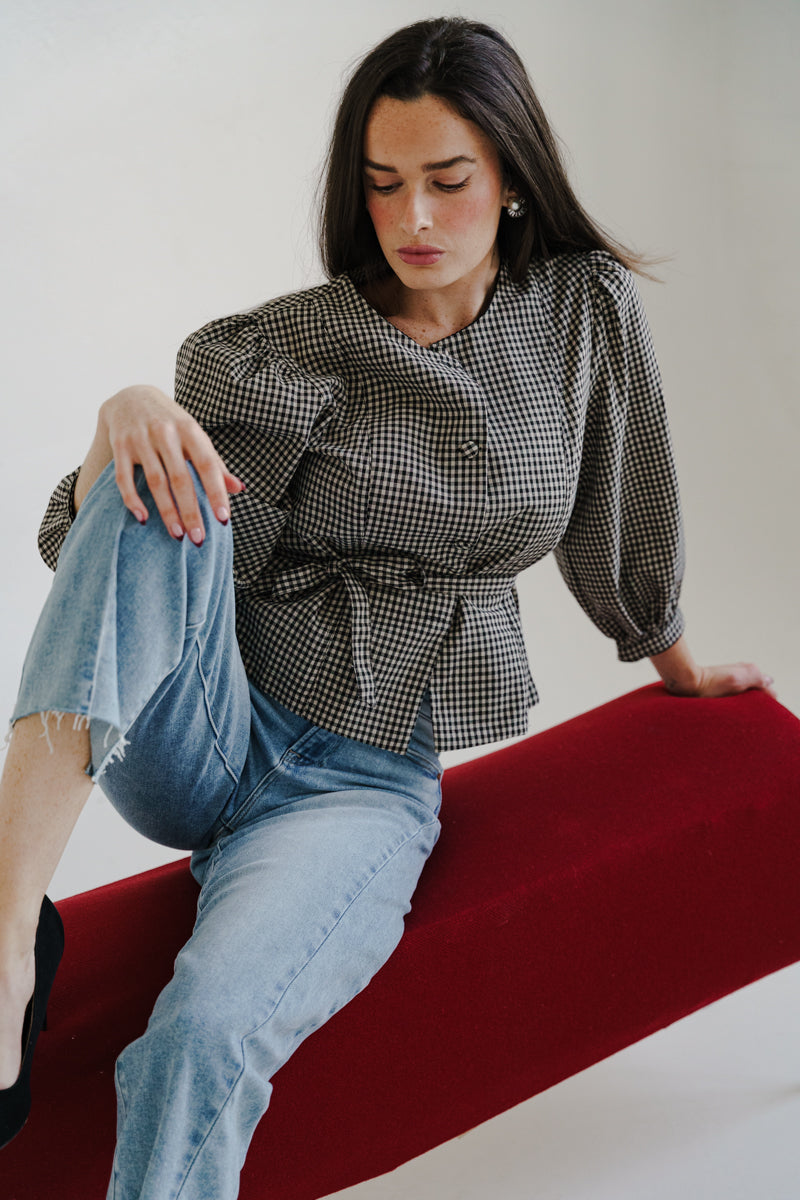 Long Sleeve Button Down Belted Gingham Print Top Black