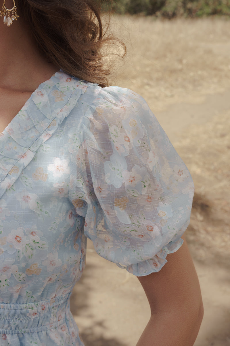 Short Puff Sleeve Floral Print Tiered Maxi Dress Blue