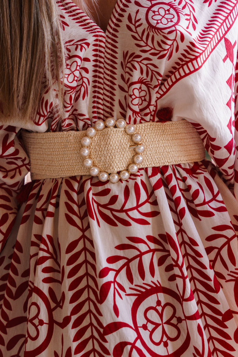 3/4 Dolman Sleeve Waist Tie Abstract Print Mini Dress Ivory