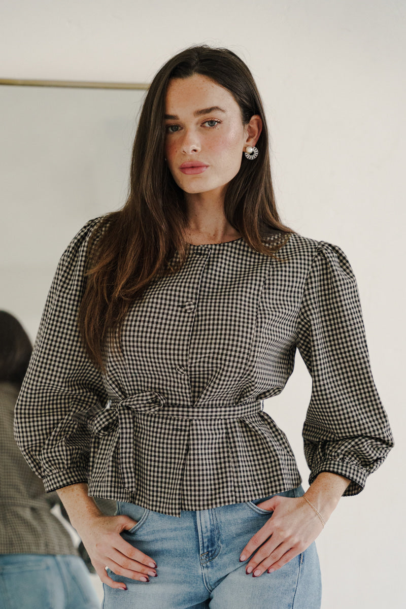 Long Sleeve Button Down Belted Gingham Print Top Black