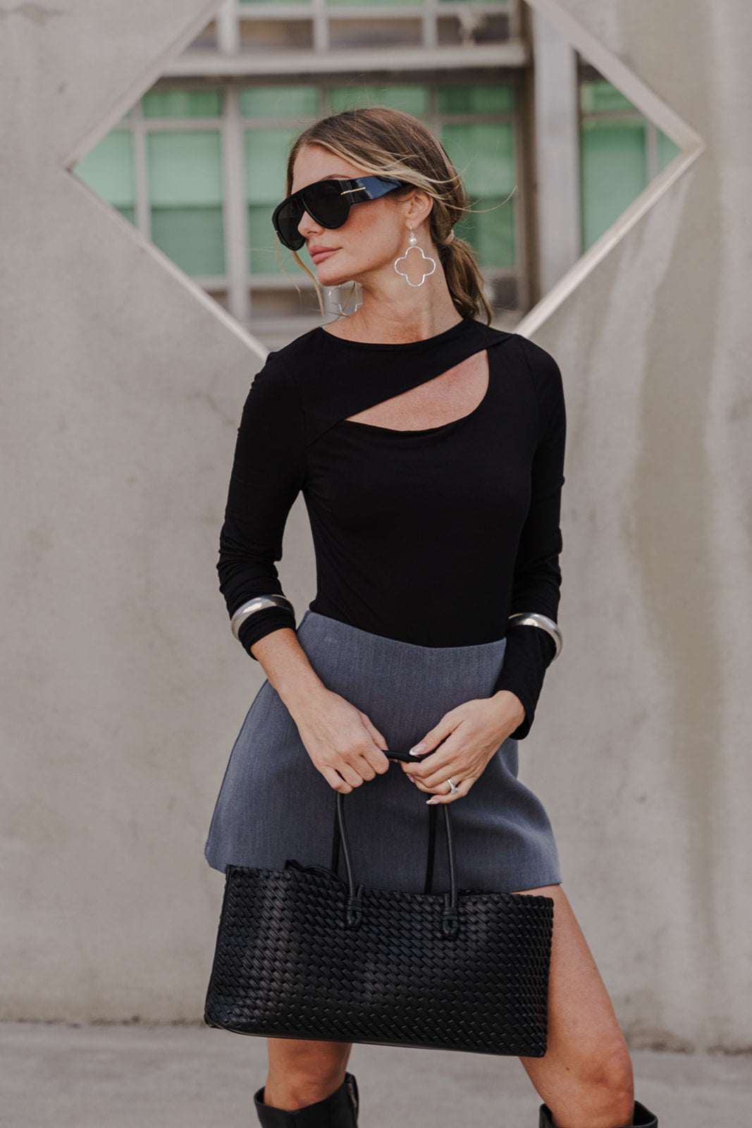 Top Handle Faux Leather Woven Handbag Black
