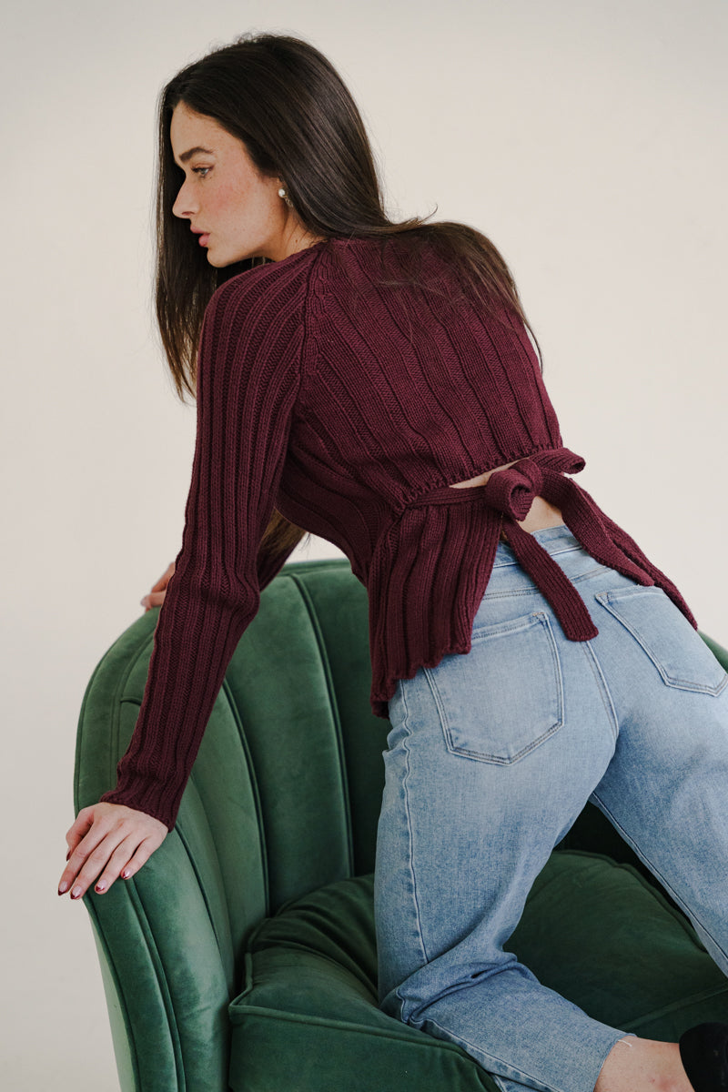 Long Sleeve Open Back Tie Knit Sweater Burgundy
