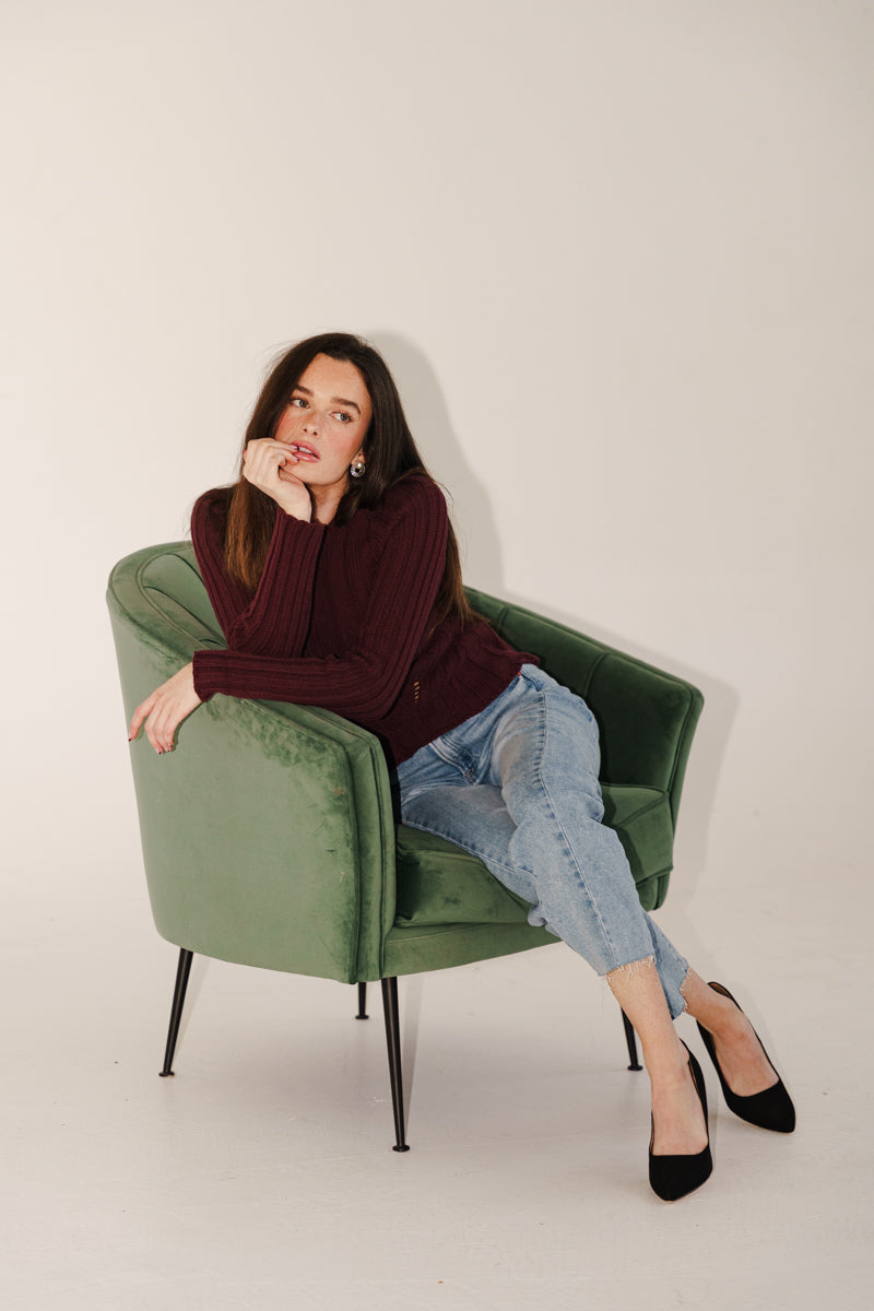 Long Sleeve Open Back Tie Knit Sweater Burgundy