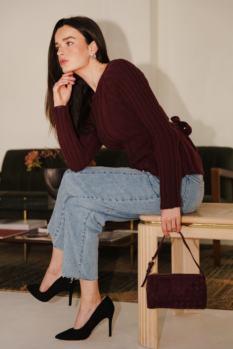 Shoulder Bag Faux Suede Woven Handbag Burgundy