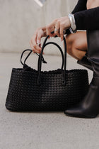 Top Handle Faux Leather Woven Handbag Black