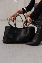 Top Handle Faux Leather Woven Handbag Black