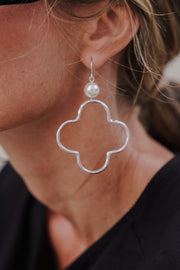  Clover And Faux Pearl Cut Out Dangle Earrings Silver