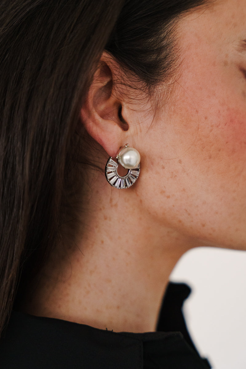 Stacked Pearl Drop Hoop Earrings Silver