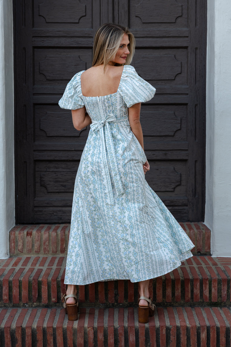 Stella Short Puff Sleeve Floral Print Midi Dress Blue LARGE