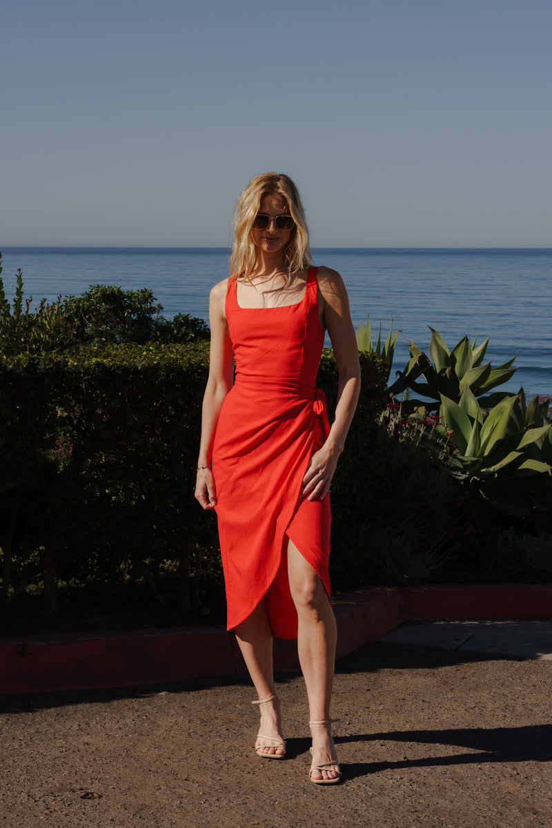  Sleeveless Wrap Midi Dress Red