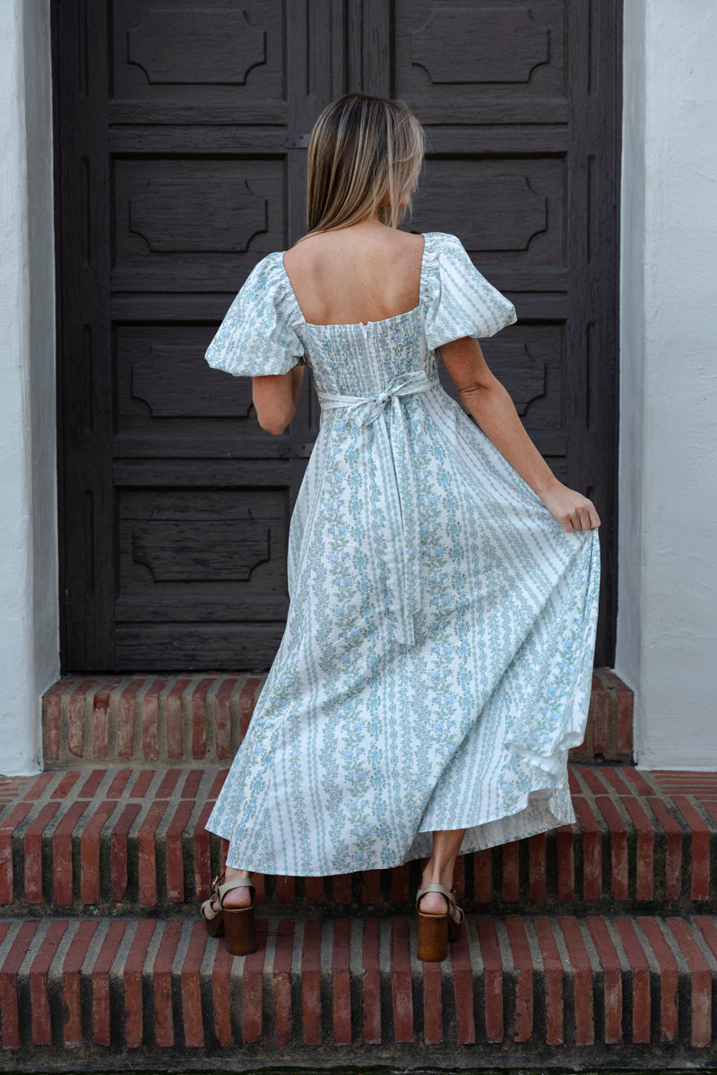 knee length dresses for ladies Women's Dress - Cotton Striped Puff Sleeve Midi Dress