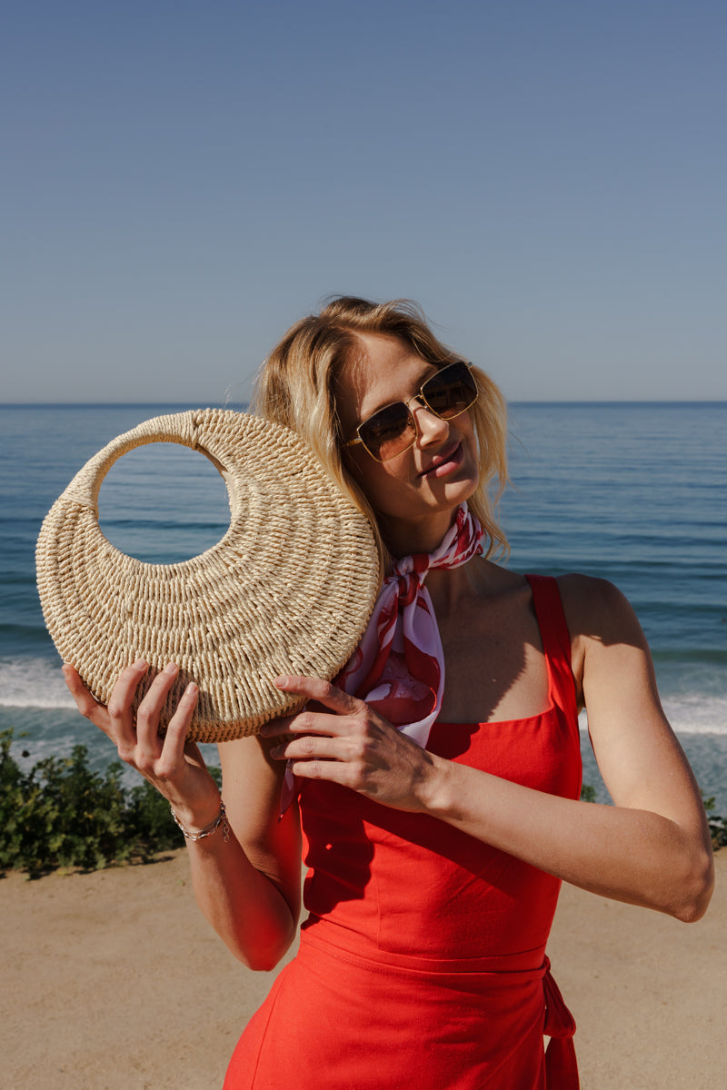  Half Moon Top Handle Woven Handbag Natural