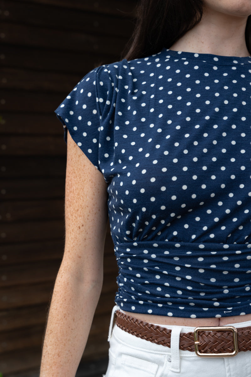 Short Sleeve Polka Dot Print Crop Top Navy