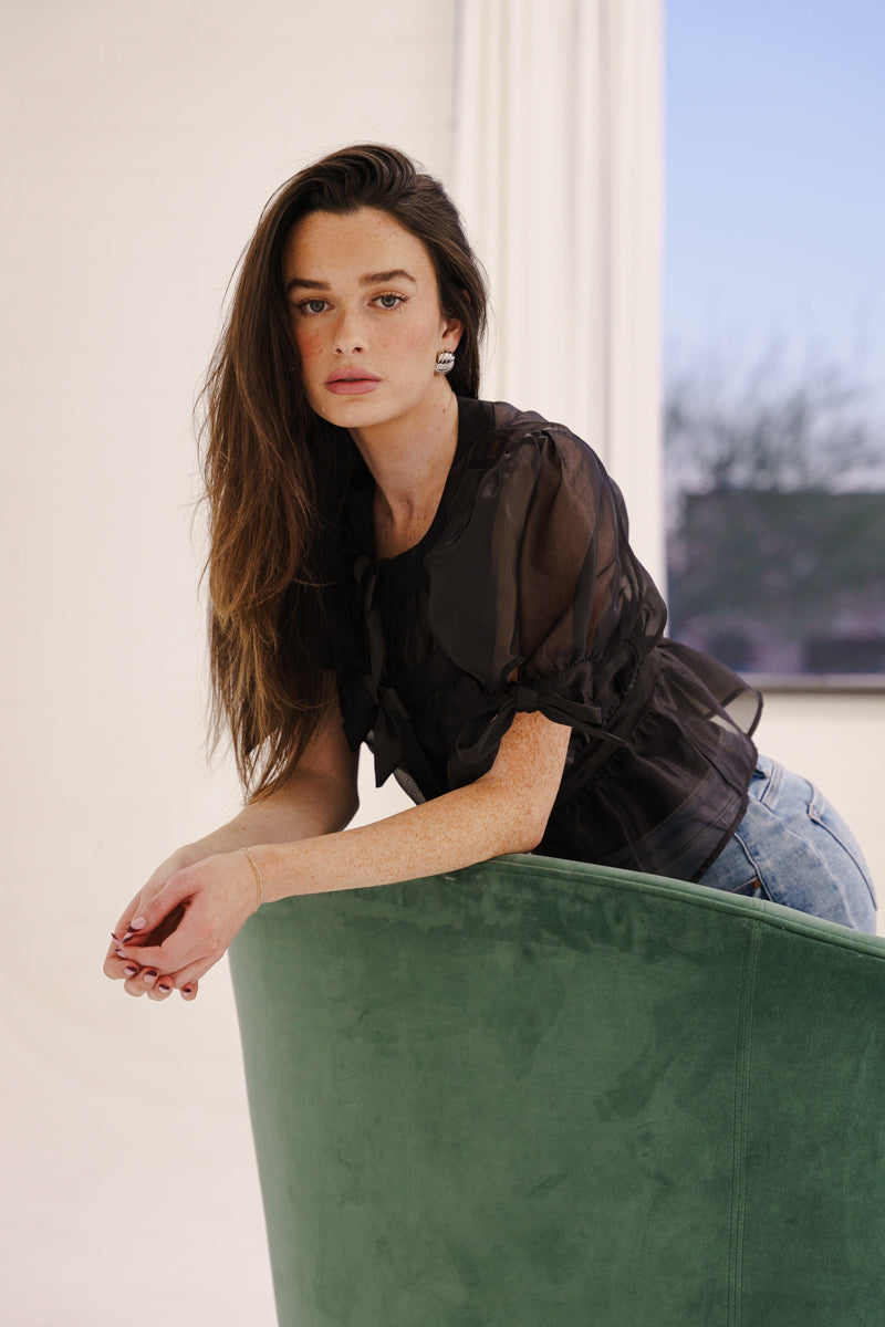 Short Puff Sleeve Sheer Contrast Bow Tie Peplum Top Black