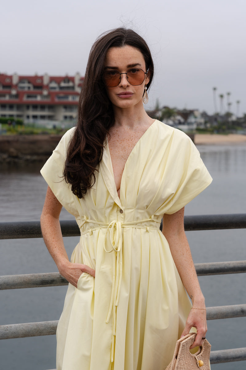  Short Sleeve Waist Tie Maxi Dress Yellow