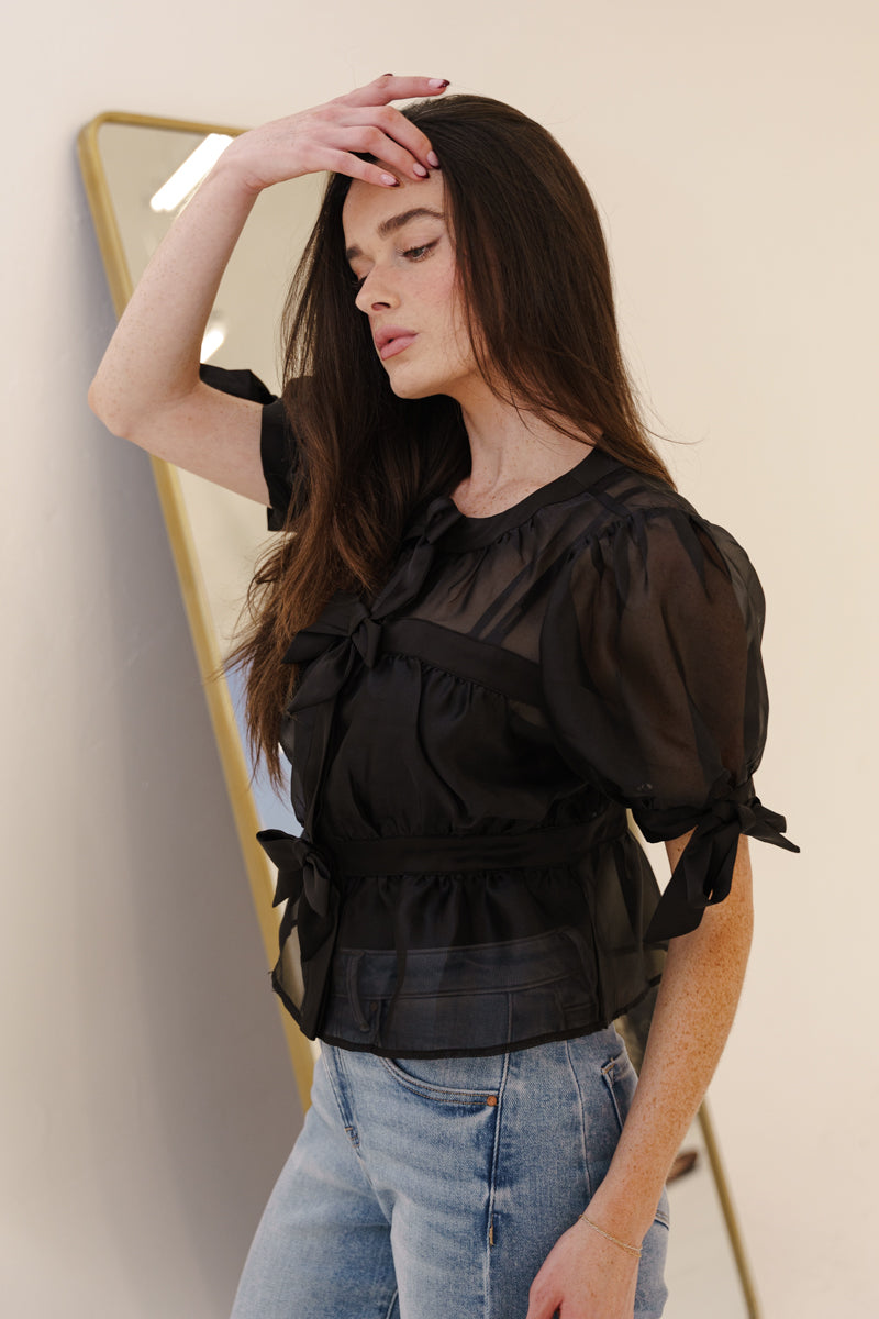 Short Puff Sleeve Sheer Contrast Bow Tie Peplum Top Black
