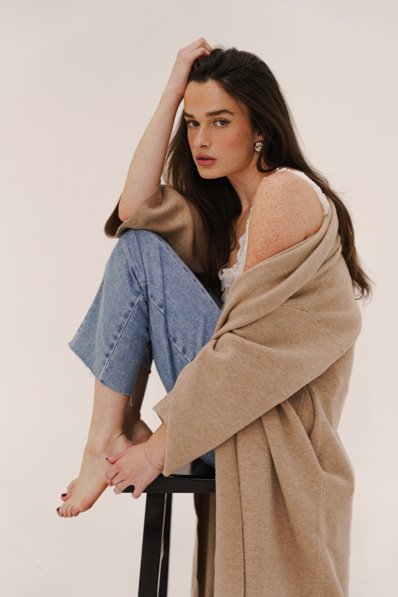 Long Sleeve Open Front Knit Cardigan Taupe