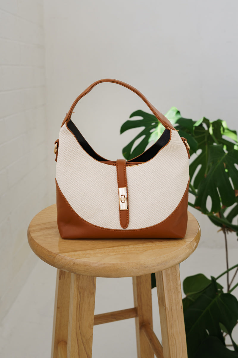 Top Handle Two Tone Faux Leather Purse Brown