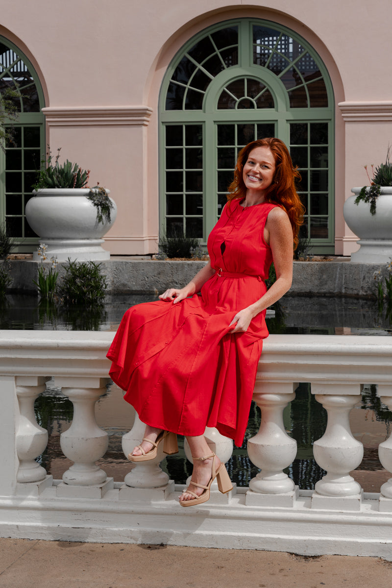 Sleeveless Button Down Belted Linen Midi Dress Red