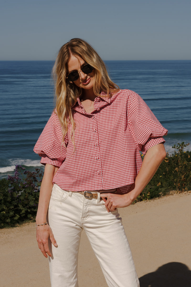  Short Puff Sleeve Button Down Gingham Print Top Red