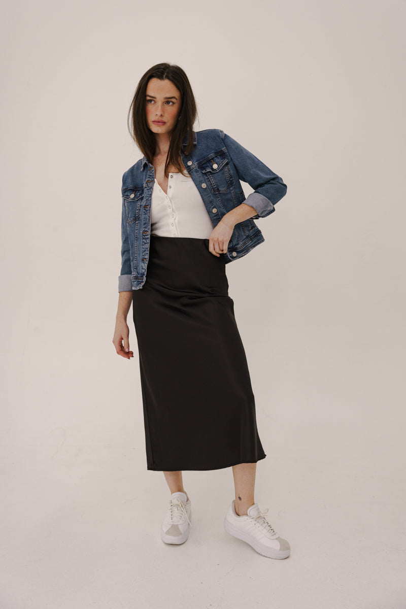 High Waist Satin Midi Skirt Black