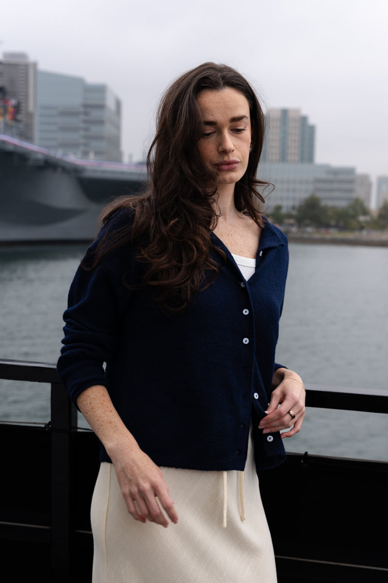 Long Sleeve Button Down Knit Cardigan Navy