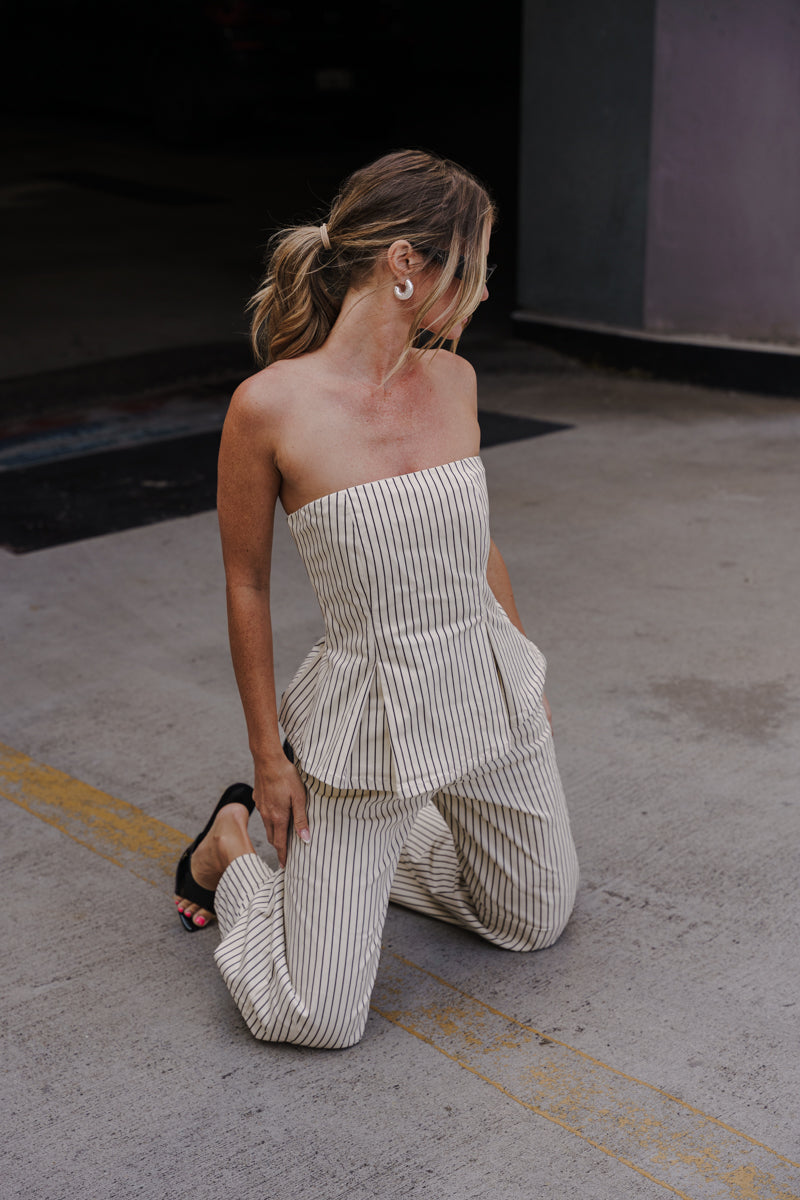 Sleeveless Peplum Top And Wide Leg Denim Barrel Pants Stripe Print Set Cream