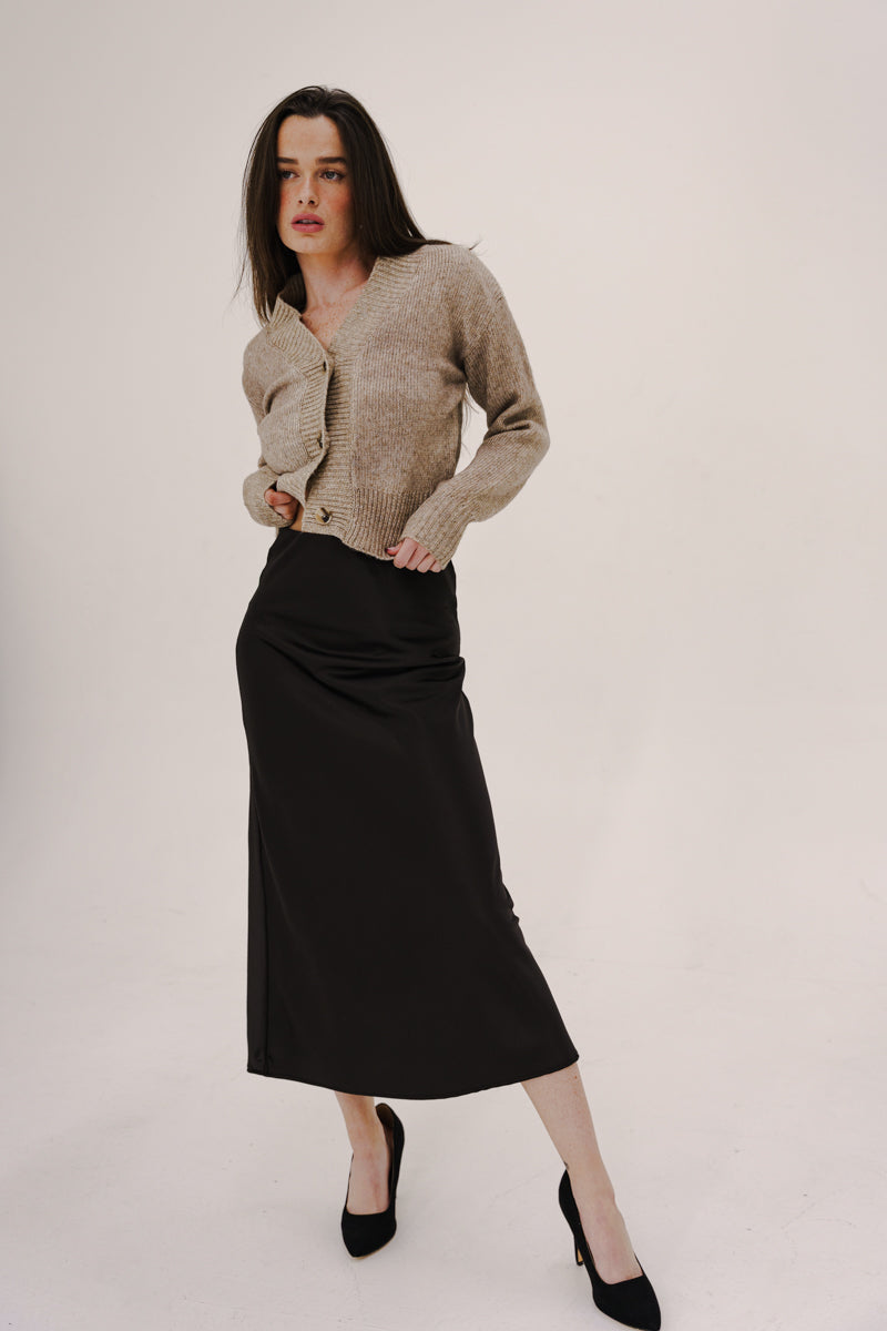 Long Sleeve Button Down Crop Cardigan Taupe