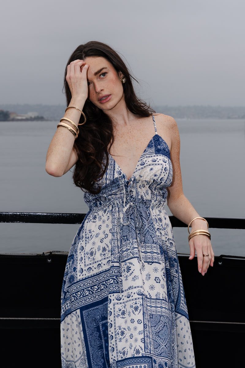 Sleeveless Patchwork Paisley Print Midi Dress Blue