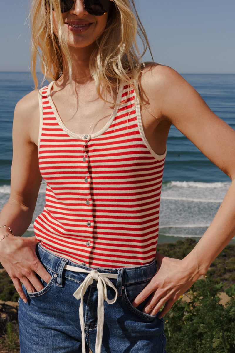 Sleeveless Button Down Stripe Print Knit Top Red