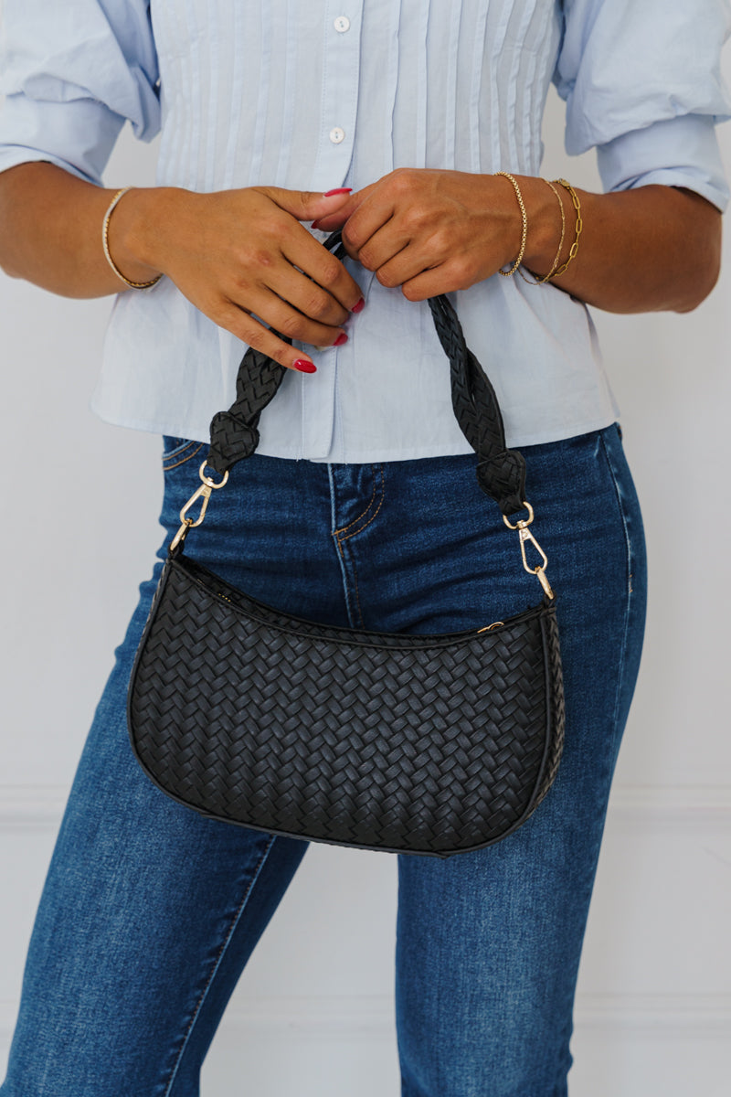 Top Handle Faux Leather Woven Handbag Black