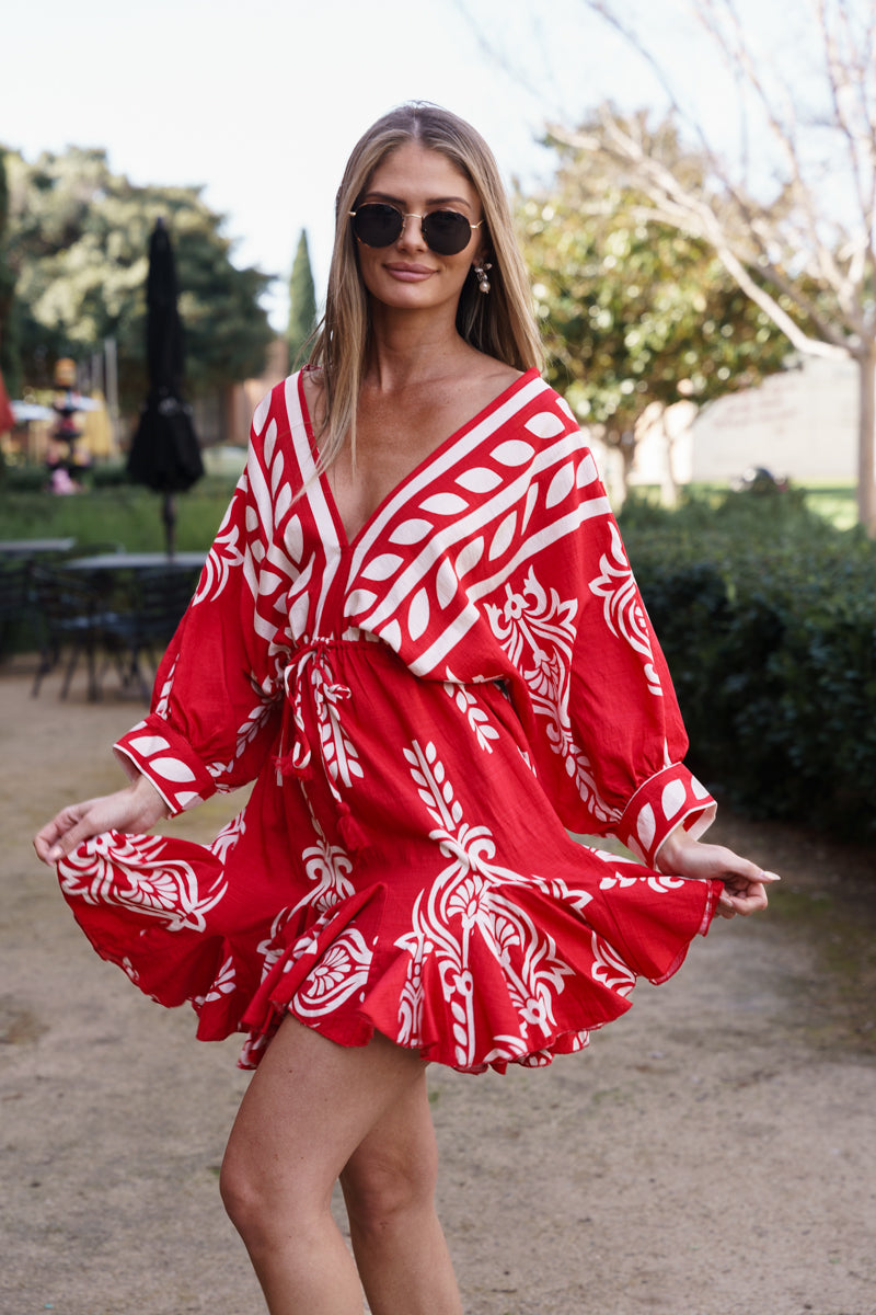 Justine 3/4 Dolman Sleeve Waist Tie Abstract Print Mini Dress Red SMALL Justine 3/4 Dolman Sleeve Waist Tie Abstract Print Mini Dress Red SMALL