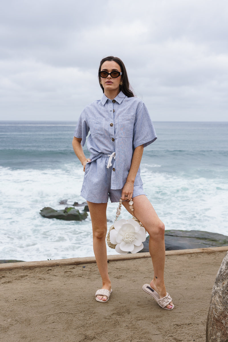 Short Sleeve Button Down Stripe Print Linen Top Blue