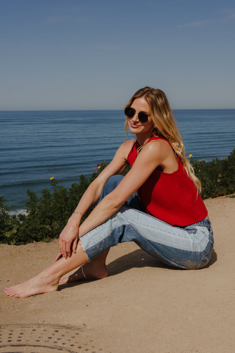 High Rise Cropped Barrel Two Tone Jeans Medium Wash