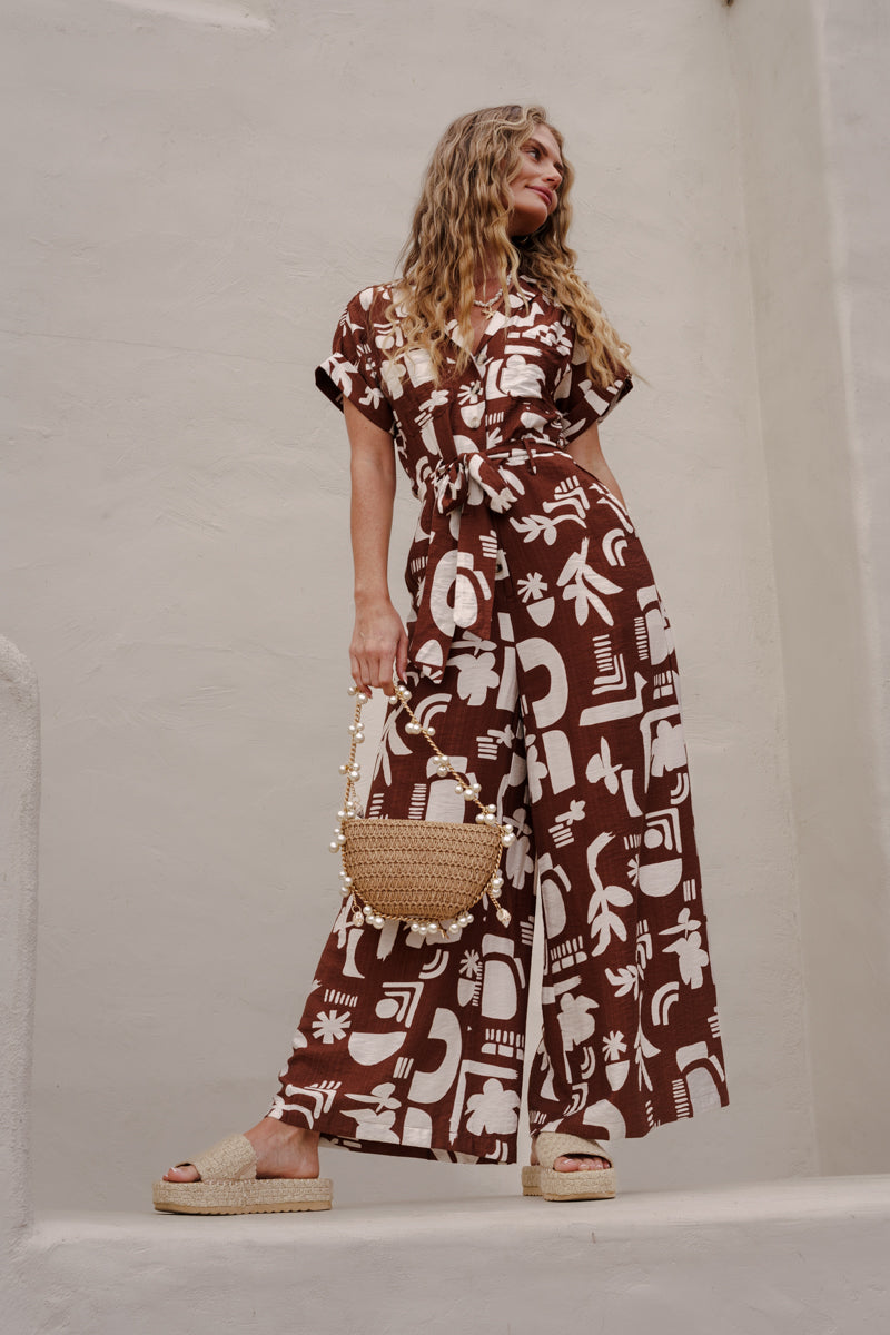  Faux Pearl Beaded Top Handle Woven Handbag Brown