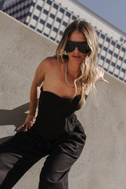 Sleeveless Corset Top And Wide Leg Barrel Pants Set Black
